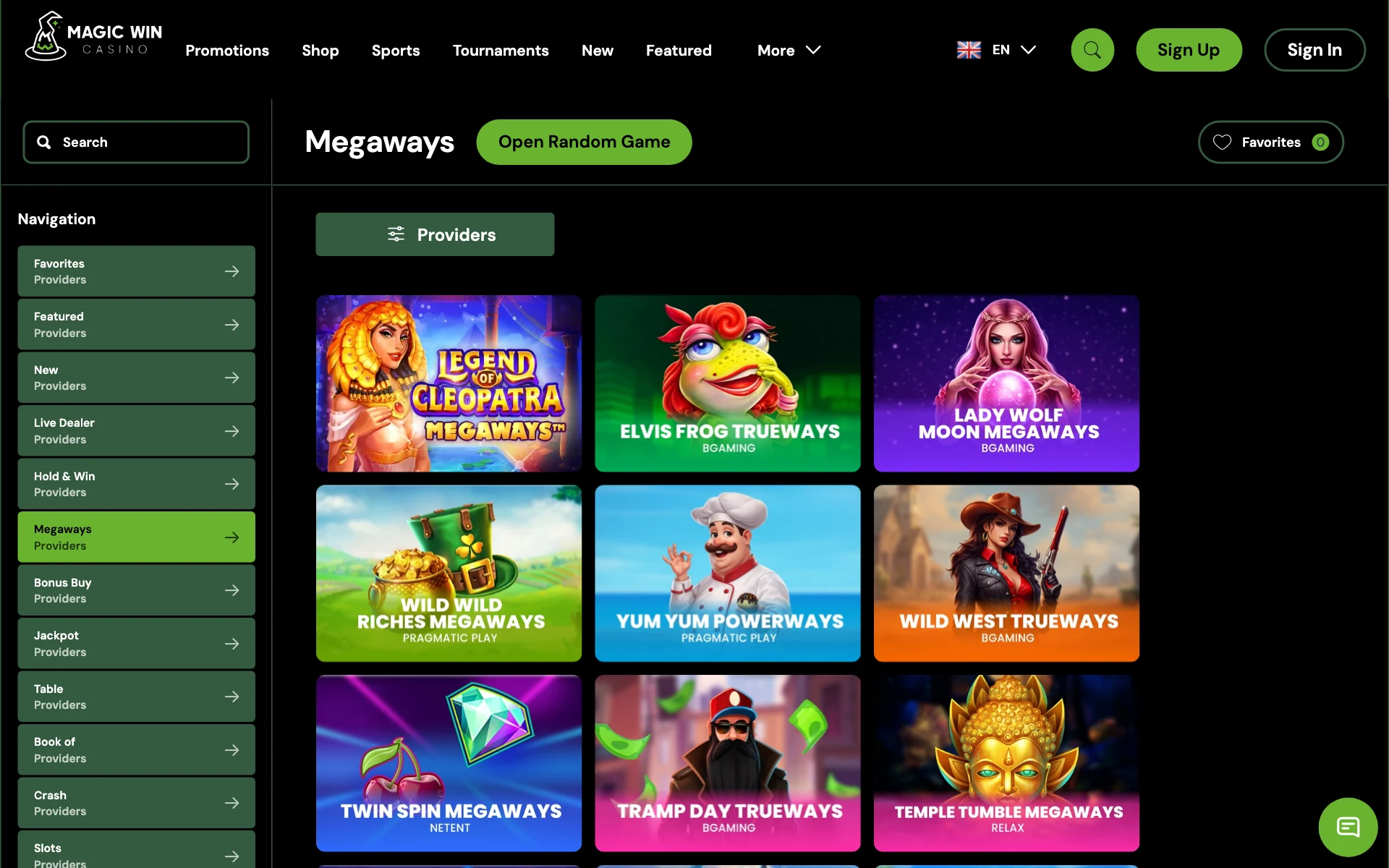 Magic Win Megaways section with Legend of Cleopatra, Lady Wolf Moon and more
